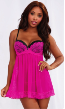 Magenta Stretch Mesh & Lace Babydoll w/Underwire Push-up Cups & Adjustable Strap